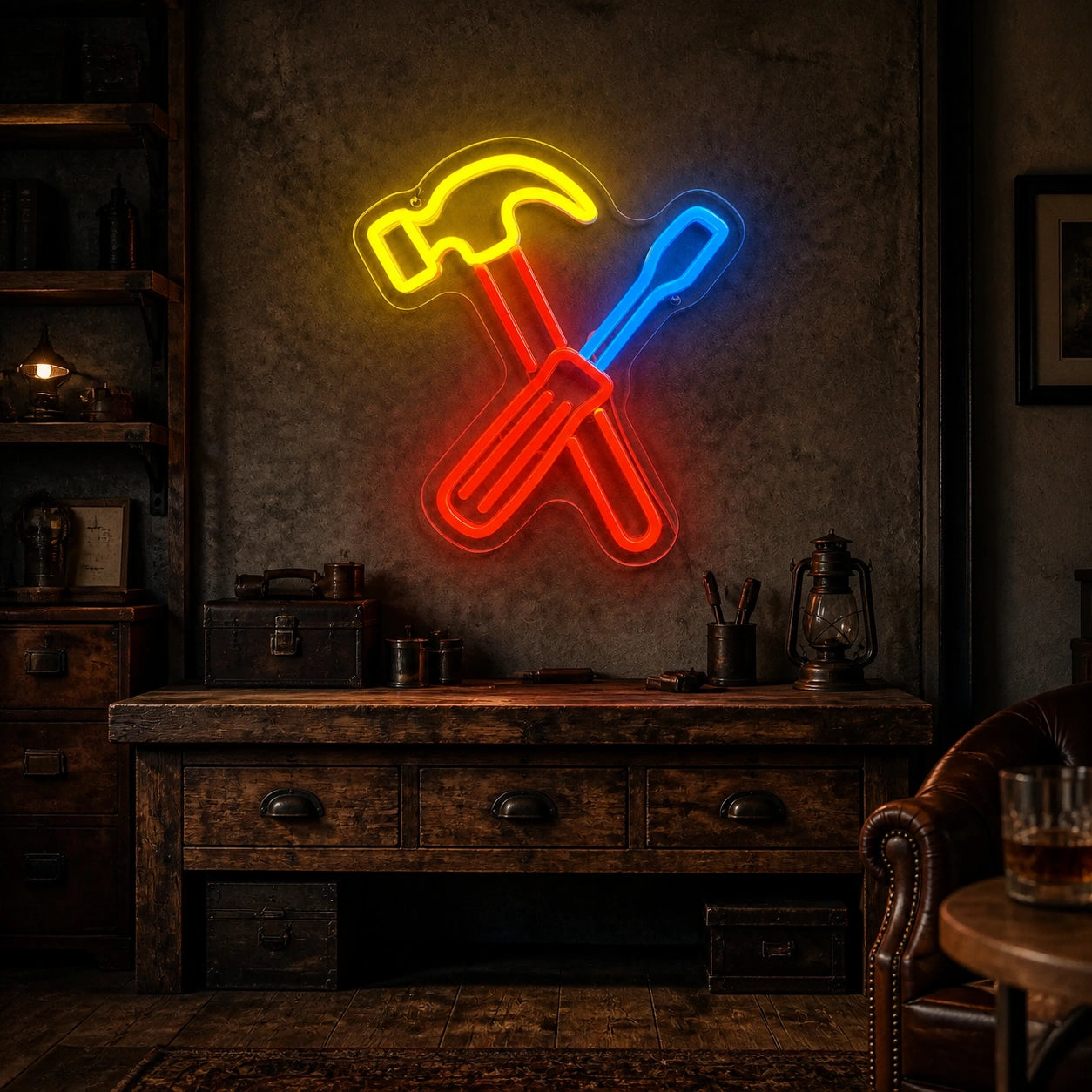 Crossed Hammer Screwdriver Vintage LED Neon Sign real lifestyle scene