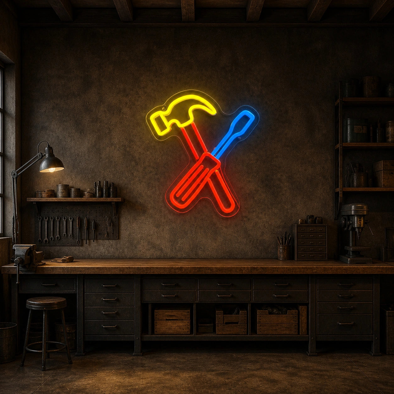 Crossed Hammer Screwdriver Vintage LED Neon Sign size image