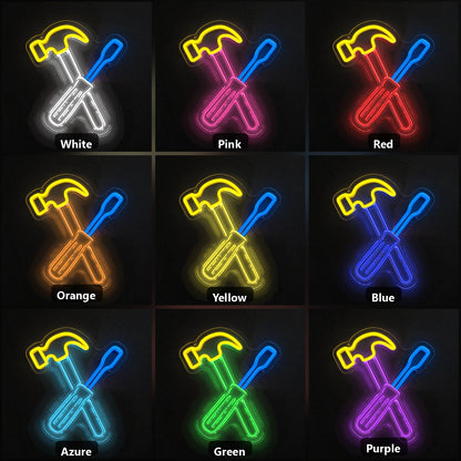 Crossed Hammer Screwdriver Vintage LED Neon Sign color grid