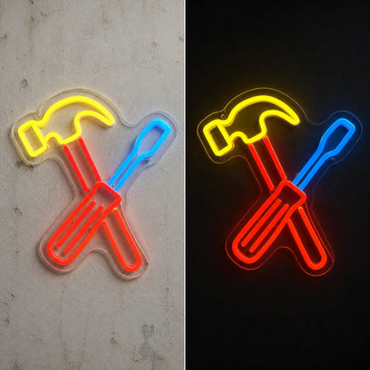 Crossed Hammer Screwdriver Vintage LED Neon Sign day and night comparison