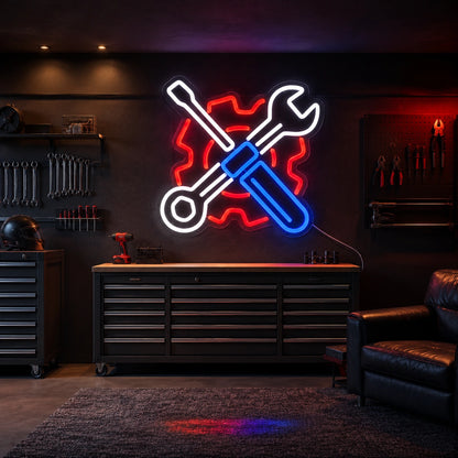 Crossed Mechanic Tools Gear LED Neon Sign size image