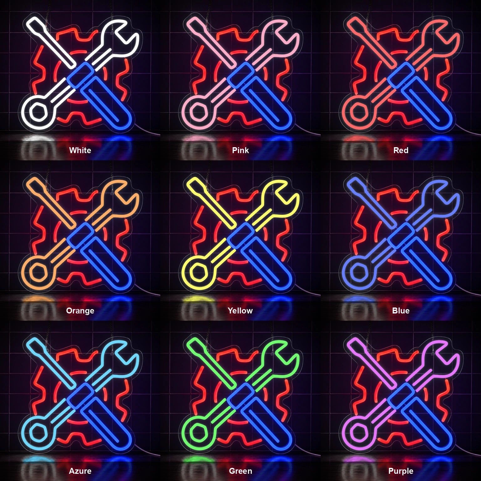 Crossed Mechanic Tools Gear LED Neon Sign color grid