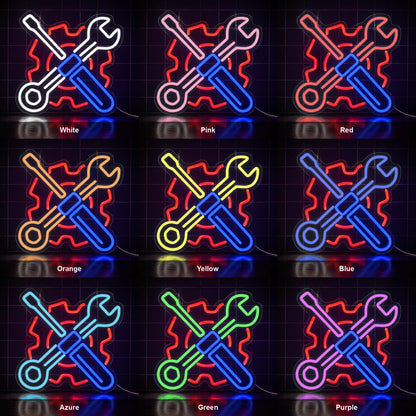 Crossed Mechanic Tools Gear LED Neon Sign color grid