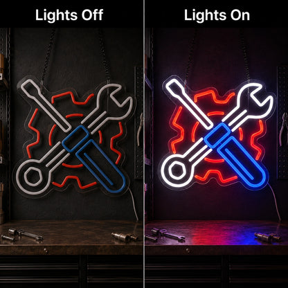 Crossed Mechanic Tools Gear LED Neon Sign day and night comparison