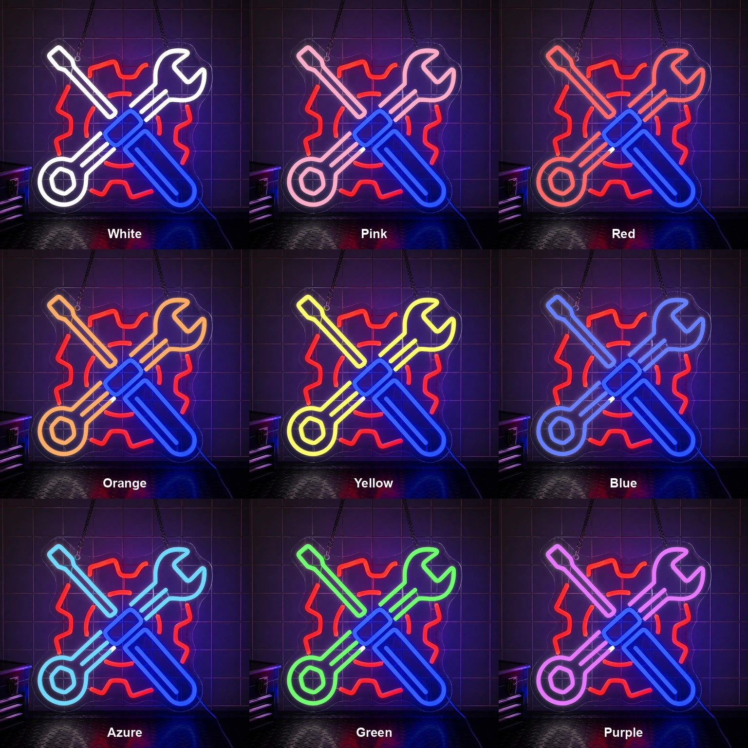 Crossed Mechanic Tools Gear LED Neon Sign Garage Neon Sign color grid