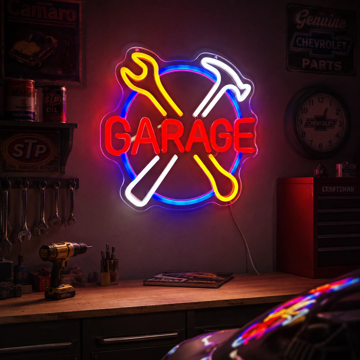 Crossed Tools Garage Neon Sign LED Neon Sign real lifestyle scene