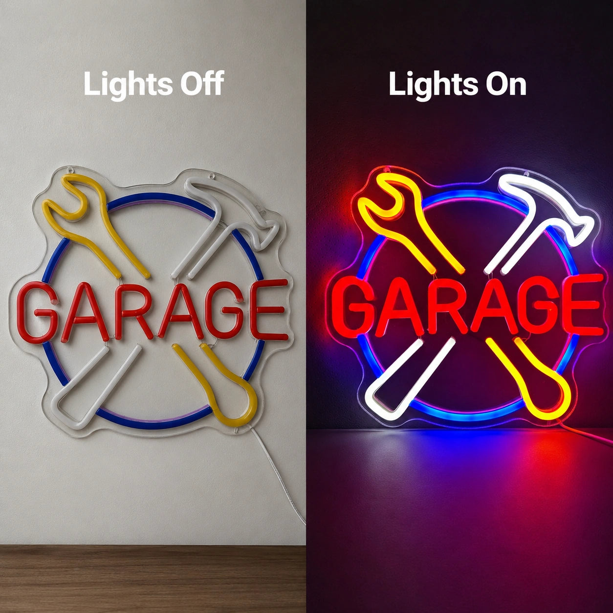 Crossed Tools Garage Neon Sign LED Neon Sign day and night comparison