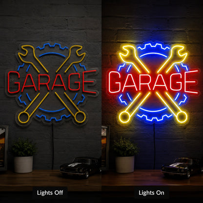 Crossed Tools Garage Neon Sign Wall Art LED Neon Sign day and night comparison