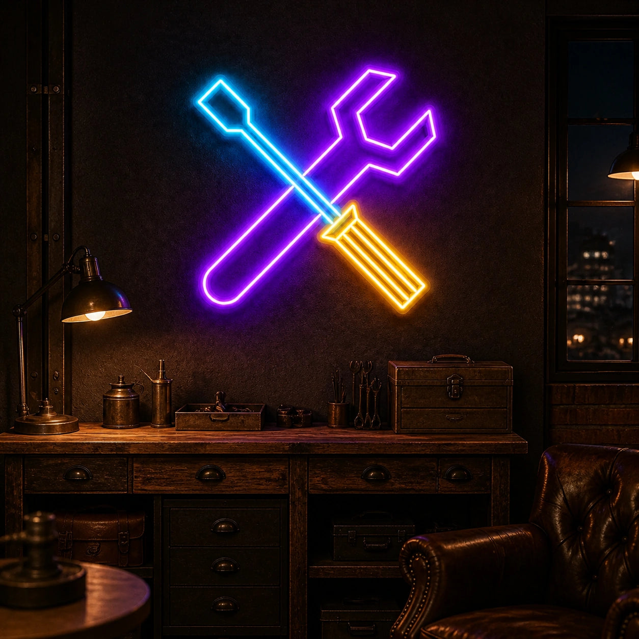 Crossed Wrench Screwdriver Vintage LED Neon Sign real lifestyle scene
