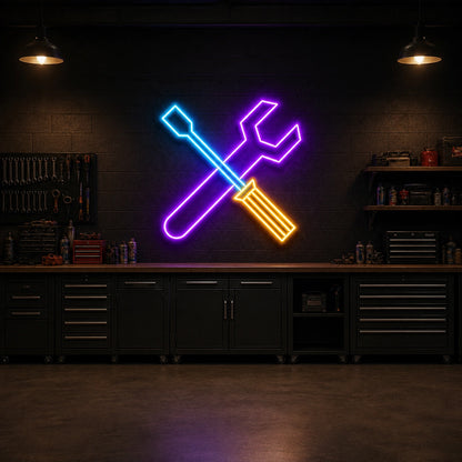 Crossed Wrench Screwdriver Vintage LED Neon Sign size image