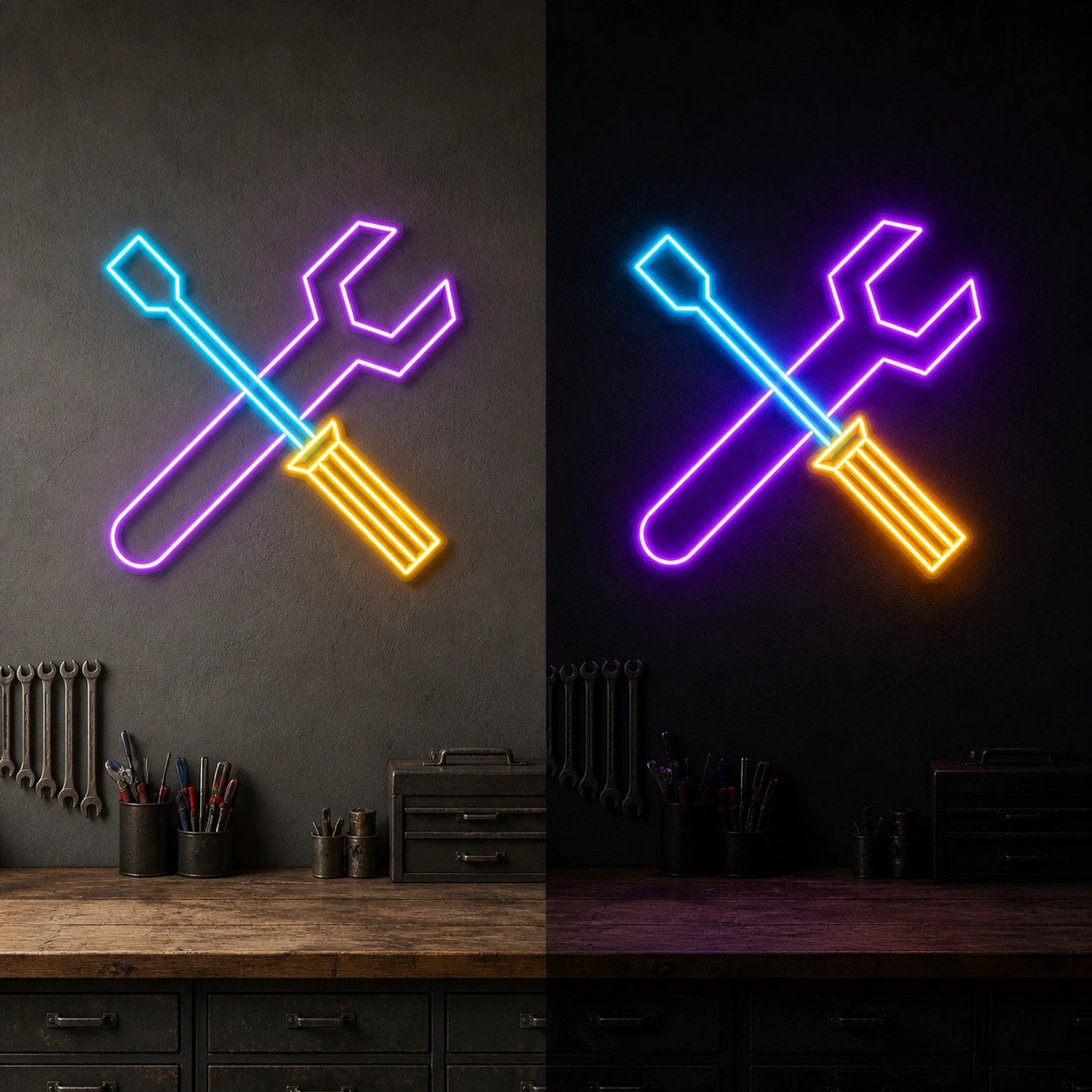 Crossed Wrench Screwdriver Vintage LED Neon Sign day and night comparison