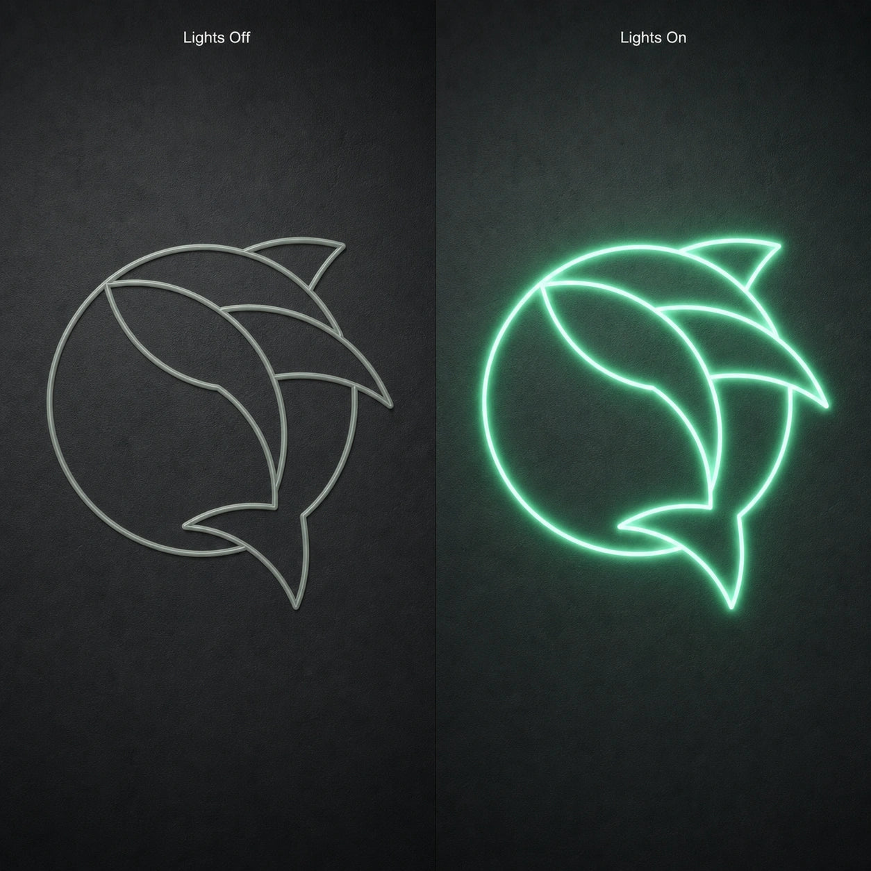 Curved Fish Inside Broken Circle LED Neon Sign Garage Neon Sign day and night comparison