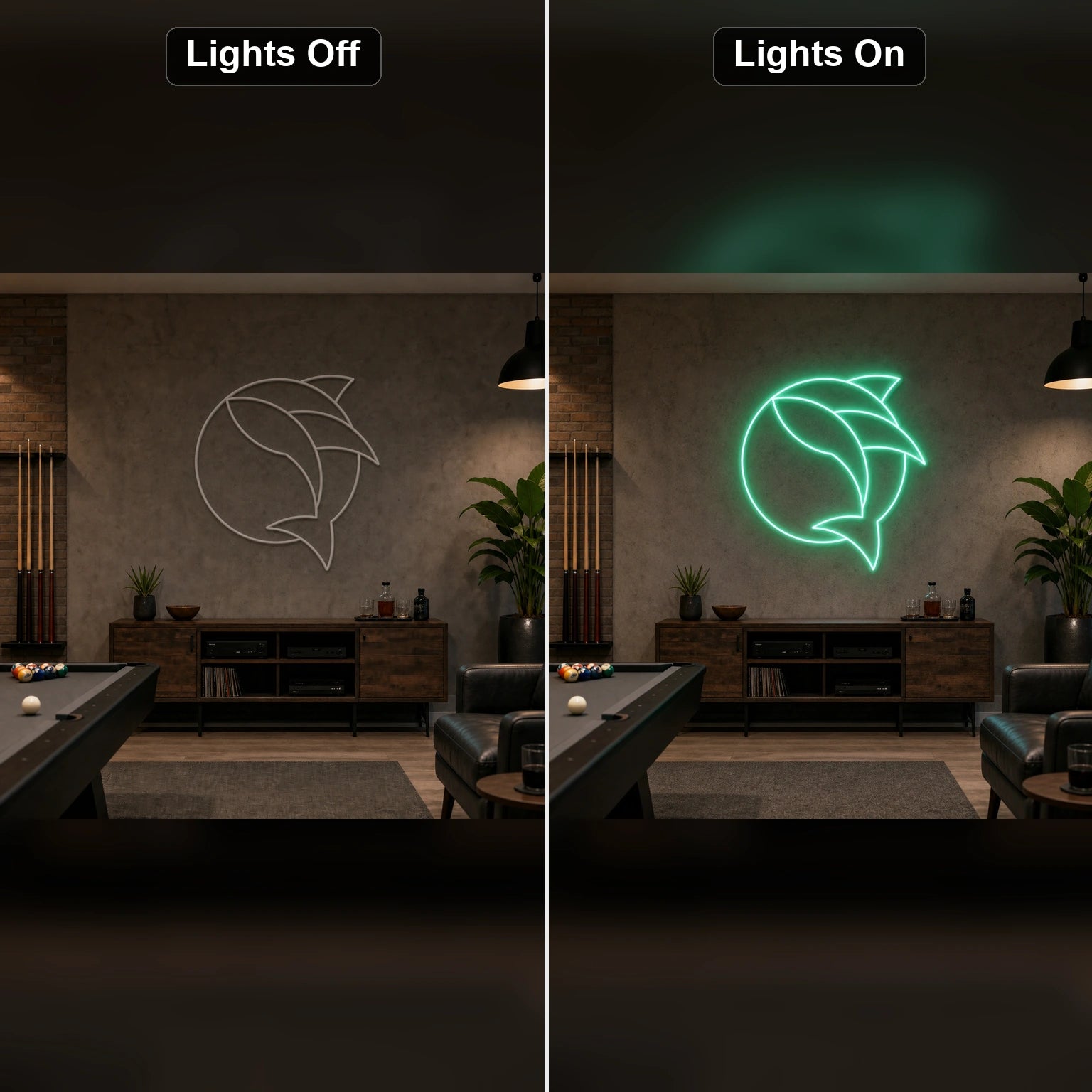 Curved Fish Inside Broken Circle LED Neon Sign Home Bar Wall Decoration day and night comparison