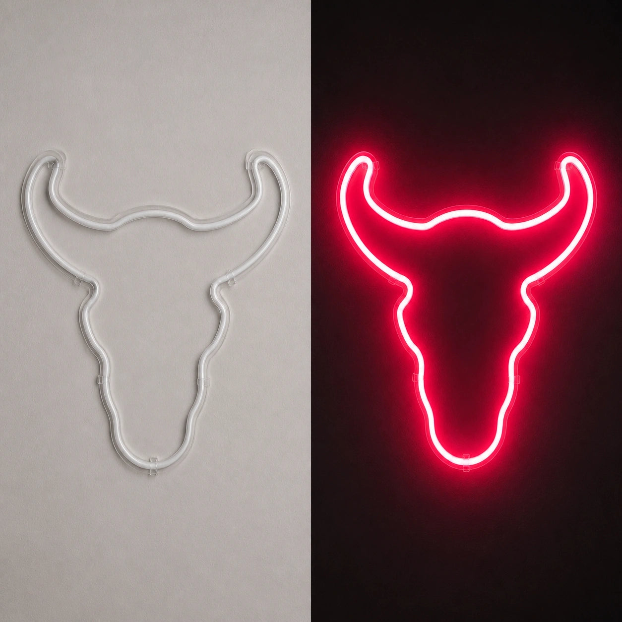 Curved Horn Bull Head Vintage LED Neon Sign day and night comparison