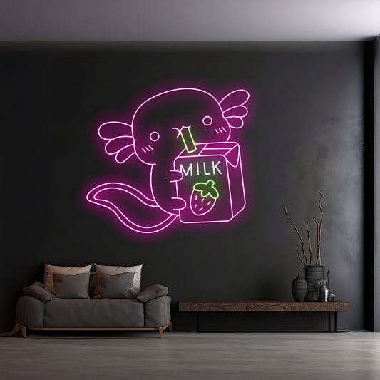 Custom Axolotl Drinks Strawberry Milk Neon Sign