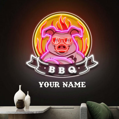 Custom Name Bbq Pig Mascot Uv Printed Led Neon Sign Artwork For Home Restaurant Decor | Shineneon