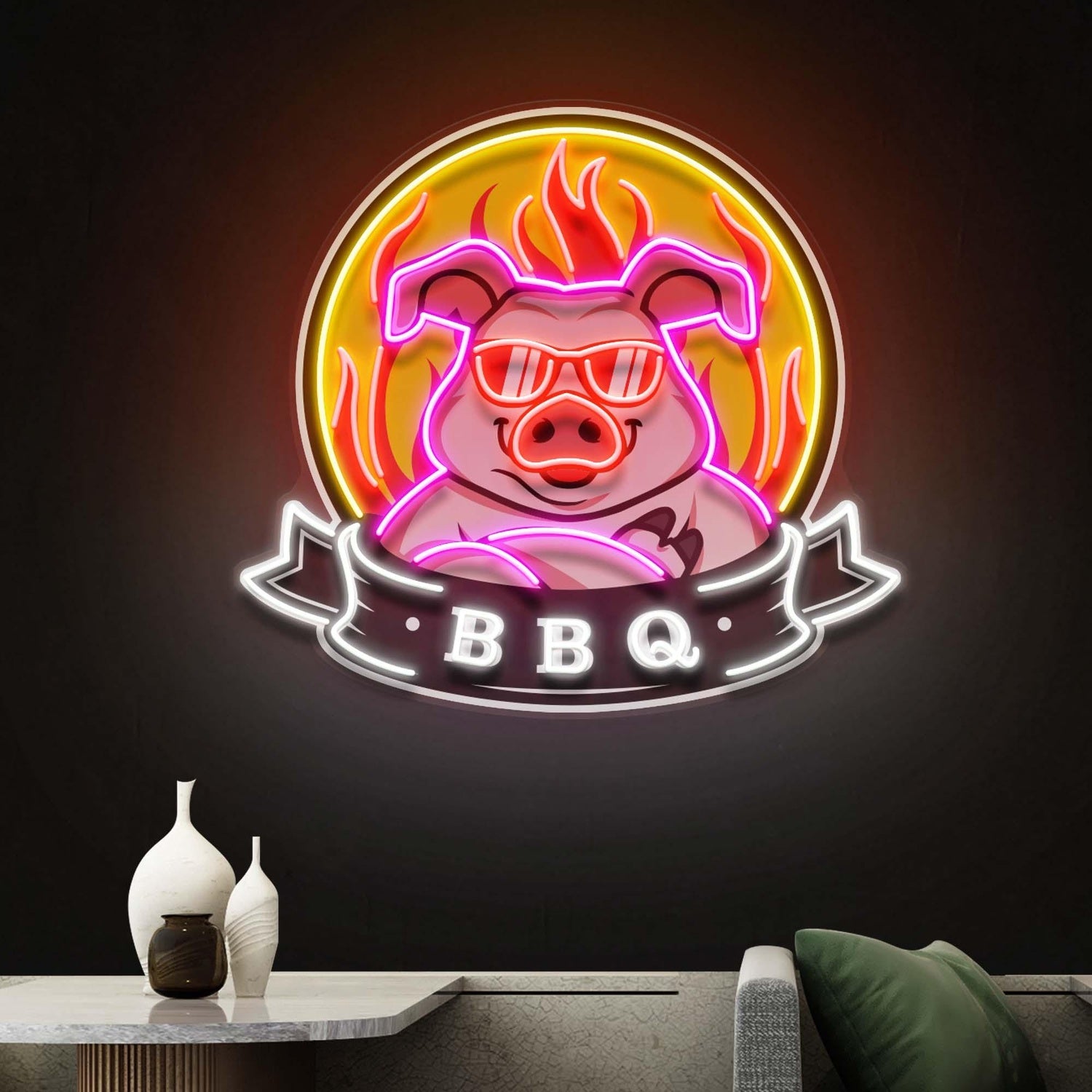 Custom Name Bbq Pig Mascot Uv Printed Led Neon Sign Artwork For Home Restaurant Decor | Shineneon