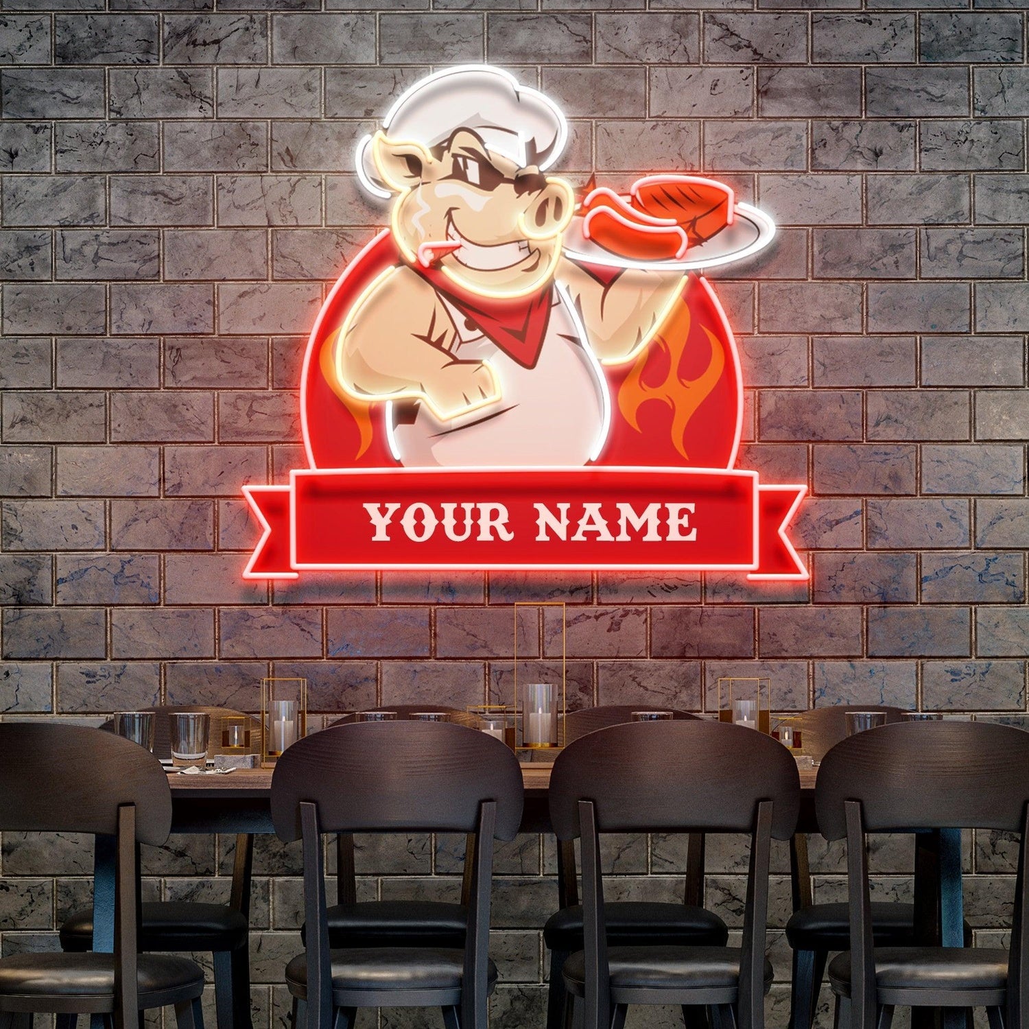 Custom Name Pig Chef Bbq Flame Artwork Uv Printed Led Neon Sign Artwork | Shineneon