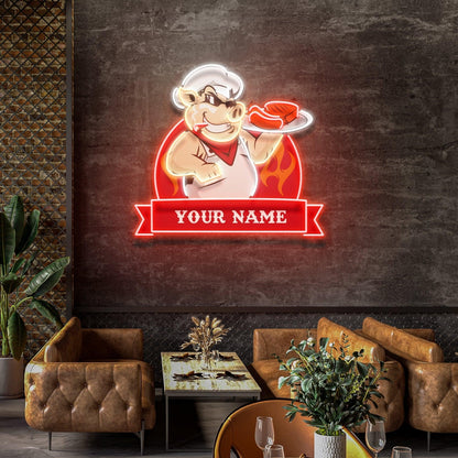 Custom Name Pig Chef Bbq Flame Artwork Uv Printed Led Neon Sign Artwork | Shineneon