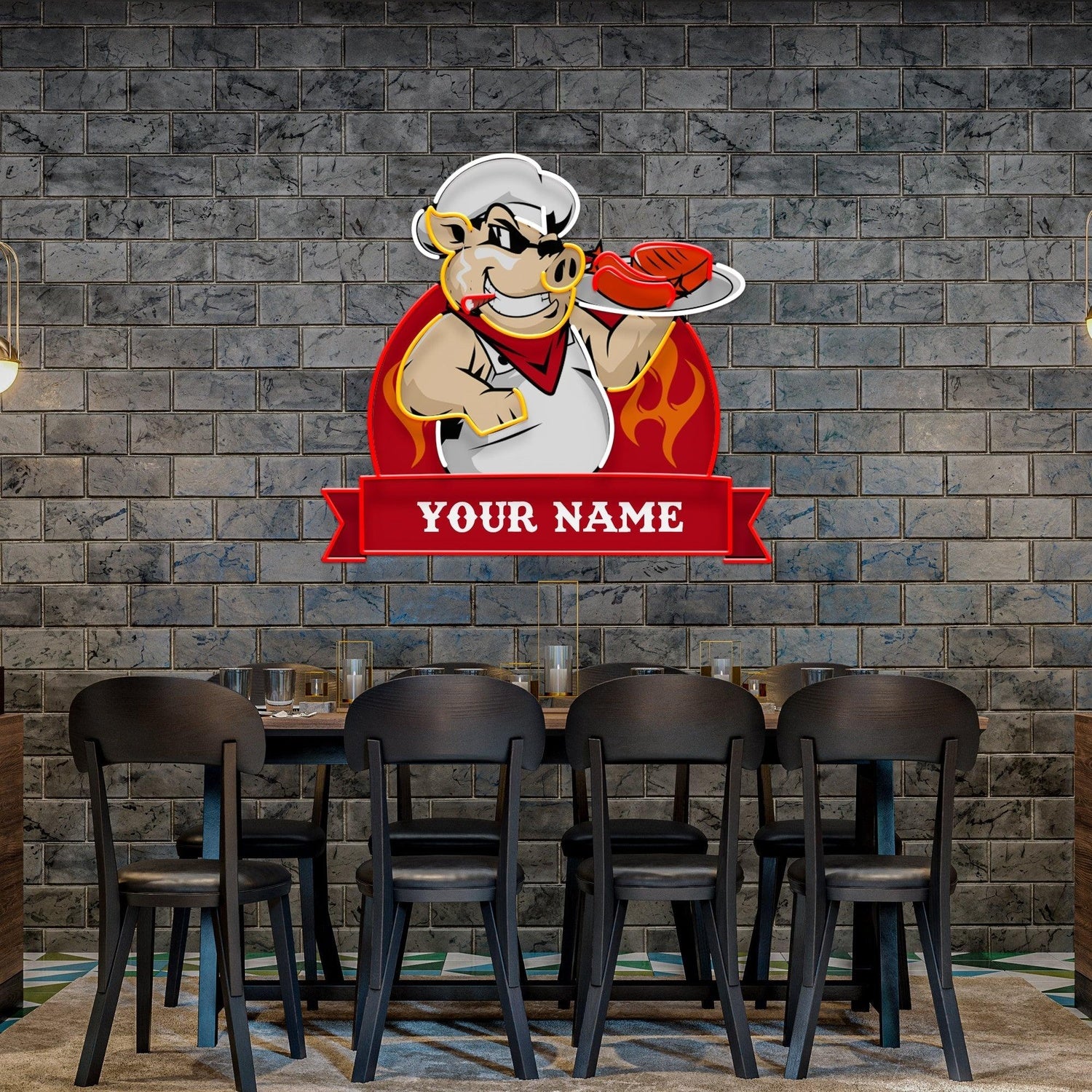 Custom Name Pig Chef Bbq Flame Artwork Uv Printed Led Neon Sign Artwork | Shineneon