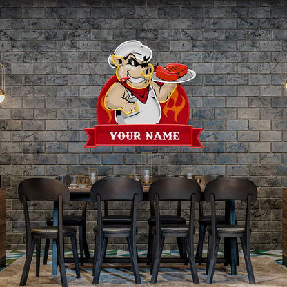 Custom Name Pig Chef Bbq Flame Artwork Uv Printed Led Neon Sign Artwork | Shineneon