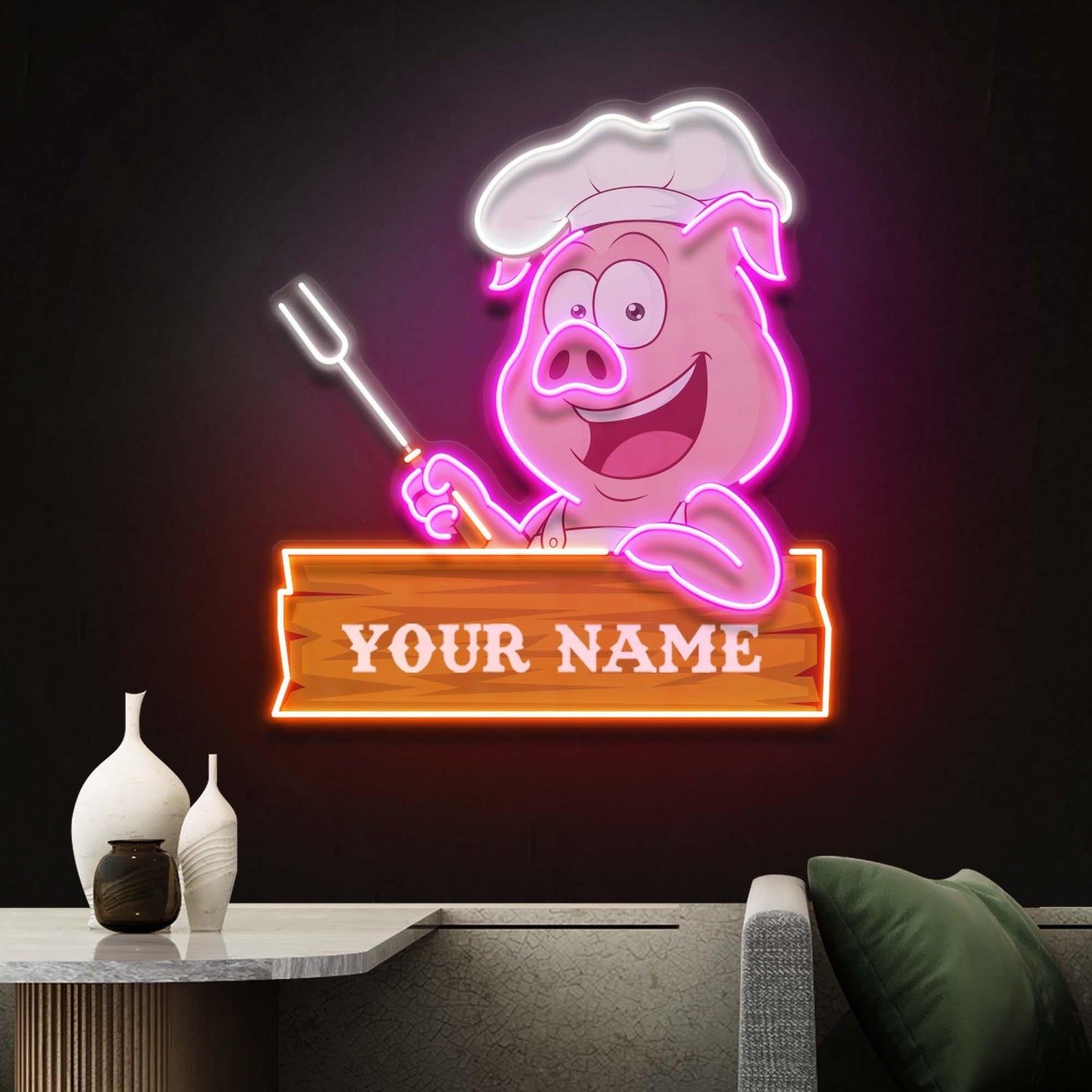 Custom Pig Chef Bbq Uv Printed Led Neon Sign Artwork For Home Restaurant Decor | Shineneon