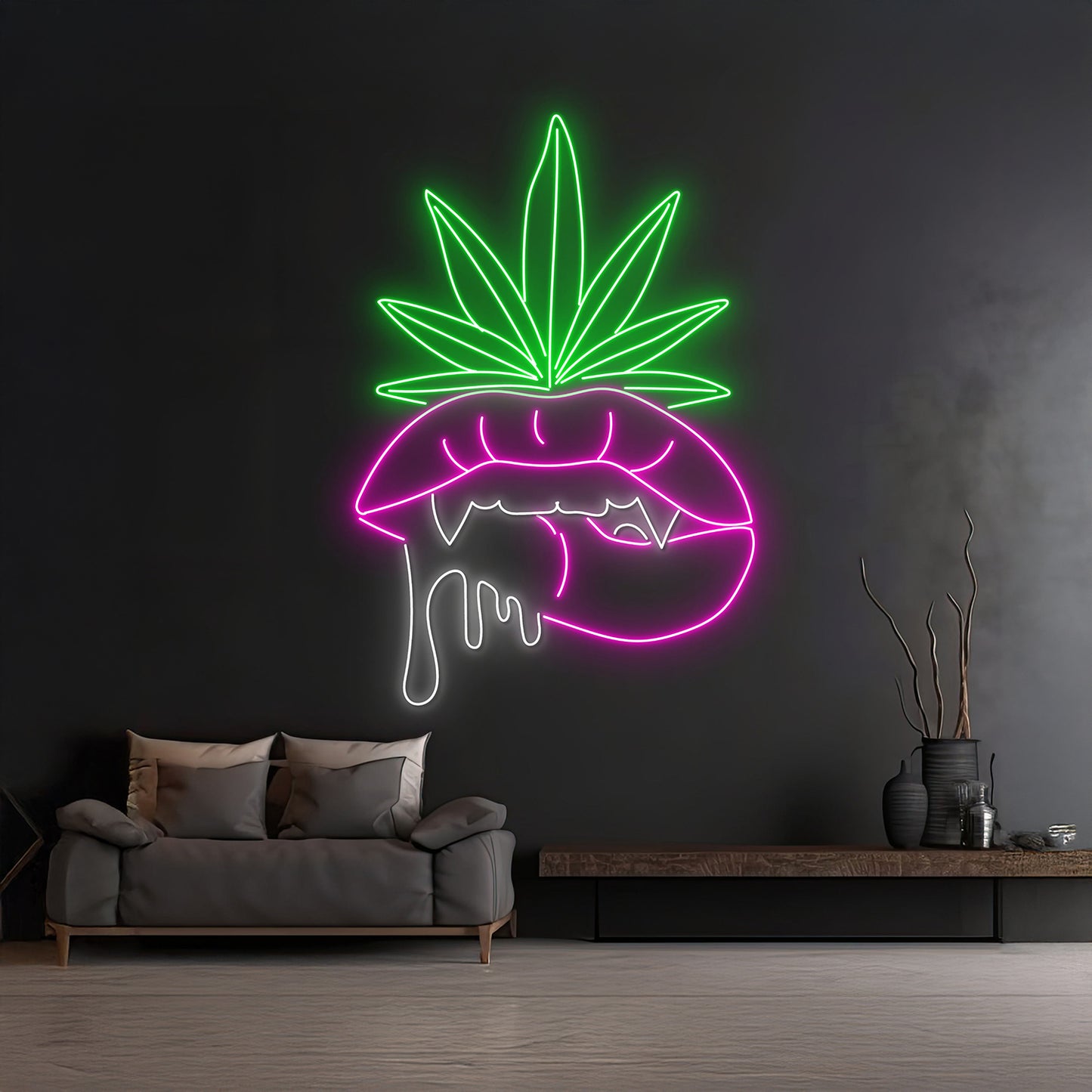 Custom Weed Leaf Dripping Lips Neon Light