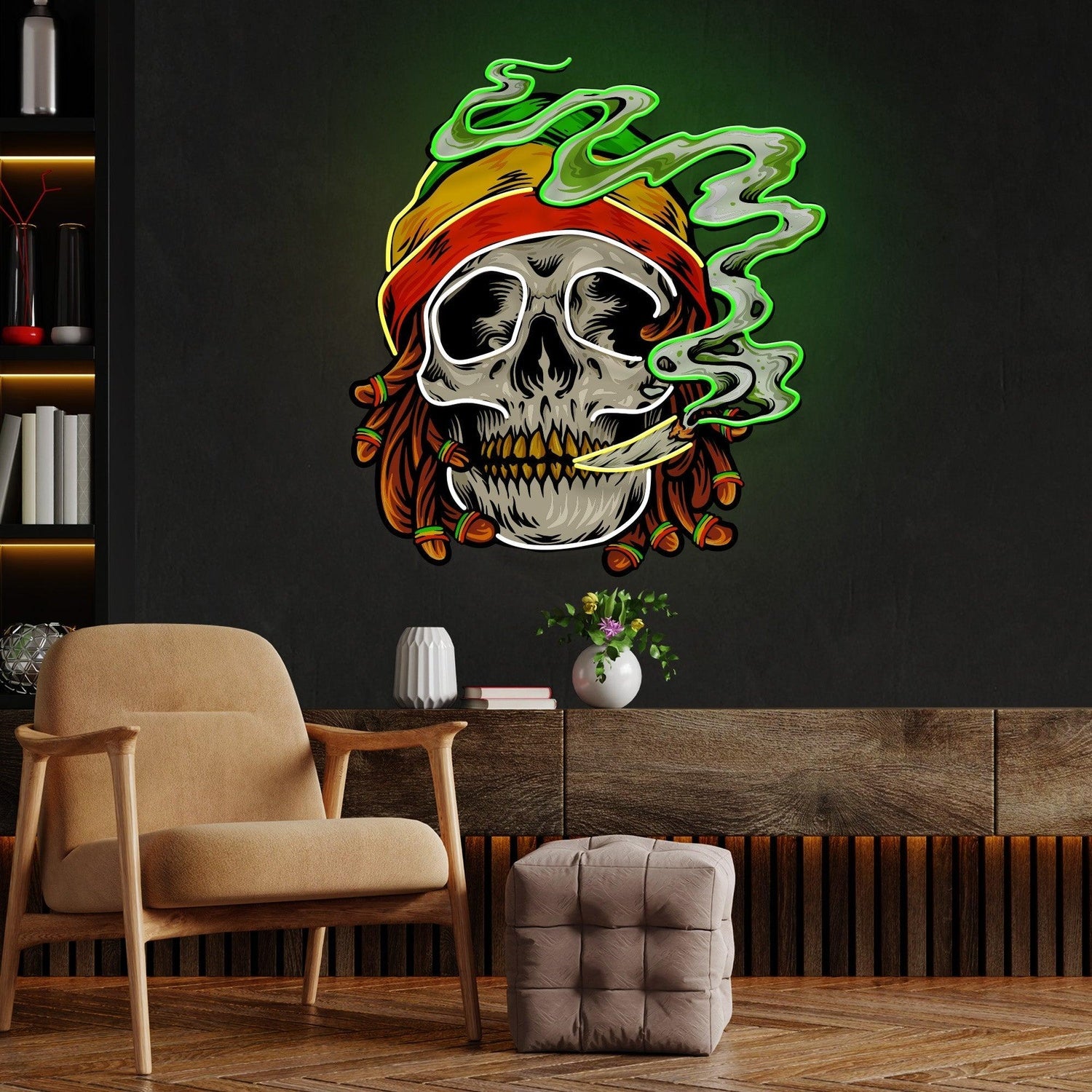 Custom Weed Skull Smoke Jamaican Artwork Uv Printed Led Neon Sign Artwork For Home Decor | Shineneon