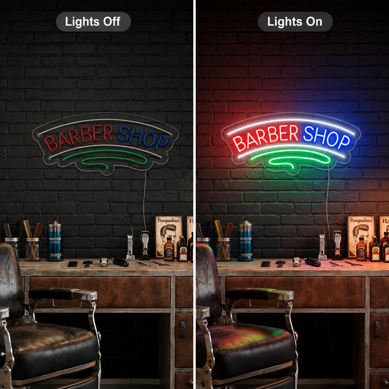 Cut And Shave Wall Neon Sign LED Neon Sign day and night comparison