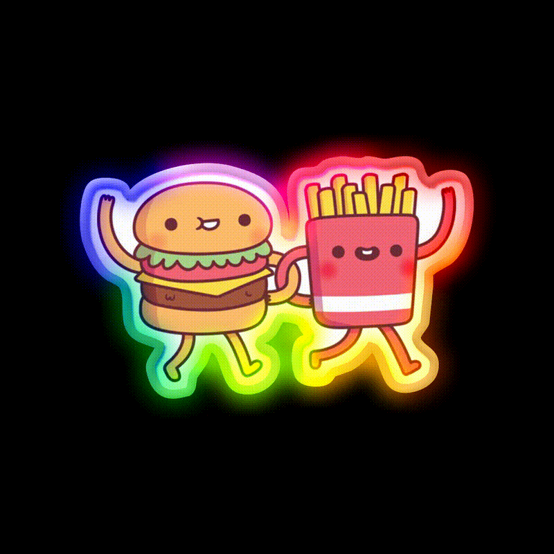 Cute Burger And Fries Linking Fast Food Led Neon Sign For Burger Place Rgb Color