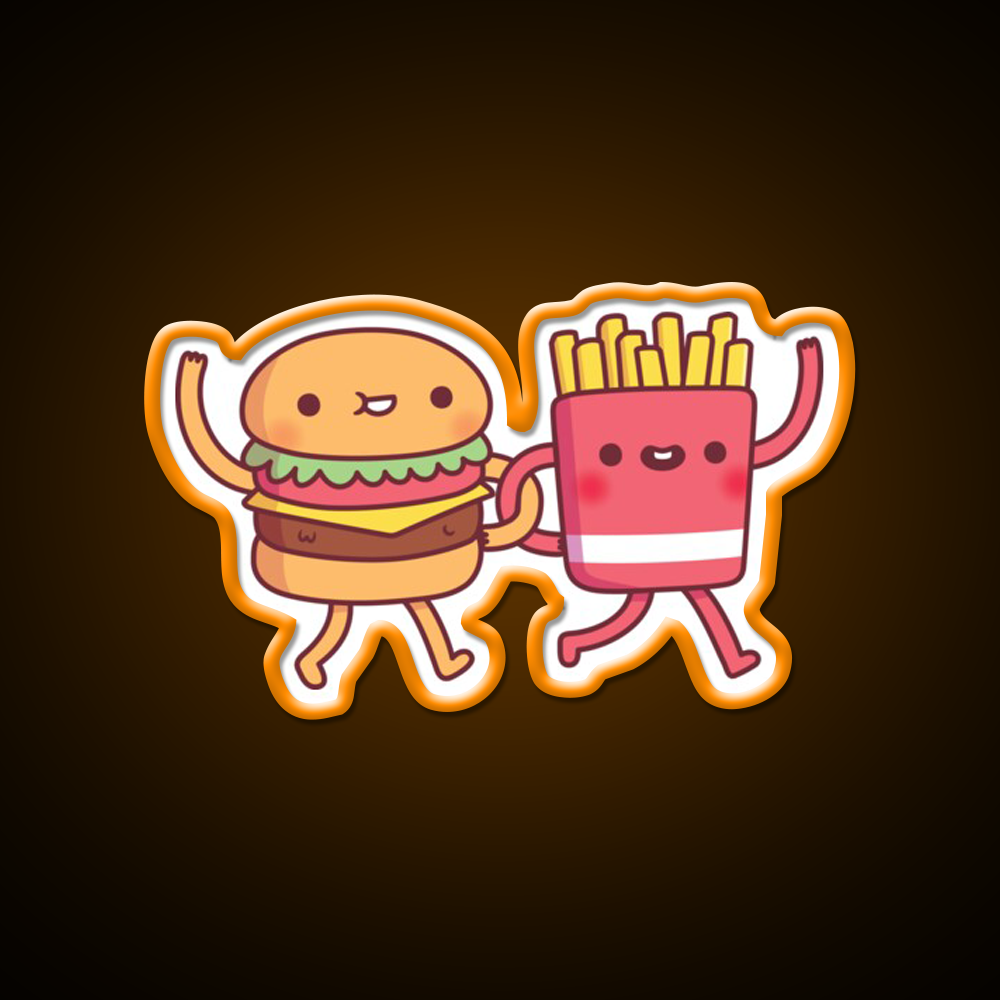 Cute Burger And Fries Linking Fast Food Led Neon Sign For Burger Place Rgb Color