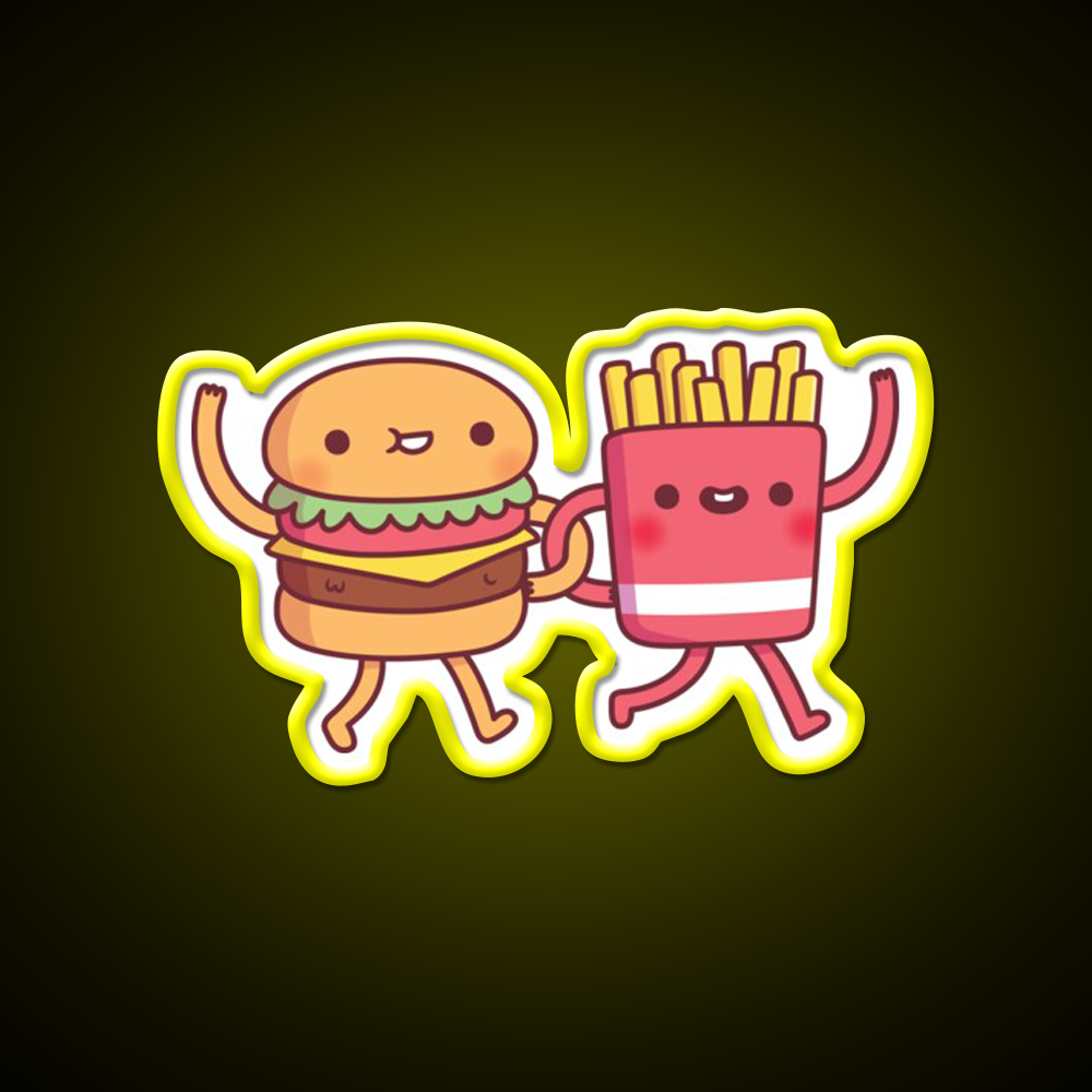 Cute Burger And Fries Linking Fast Food Led Neon Sign For Burger Place Rgb Color