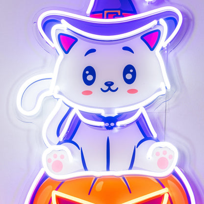 Cute Cartoon Cat On Pumpkin Halloween Uv Printed Led Neon Sign | Shineneon