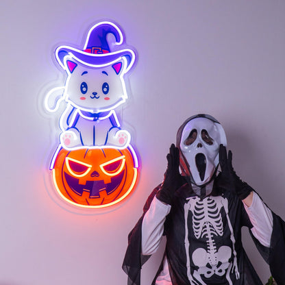 Cute Cartoon Cat On Pumpkin Halloween Uv Printed Led Neon Sign | Shineneon