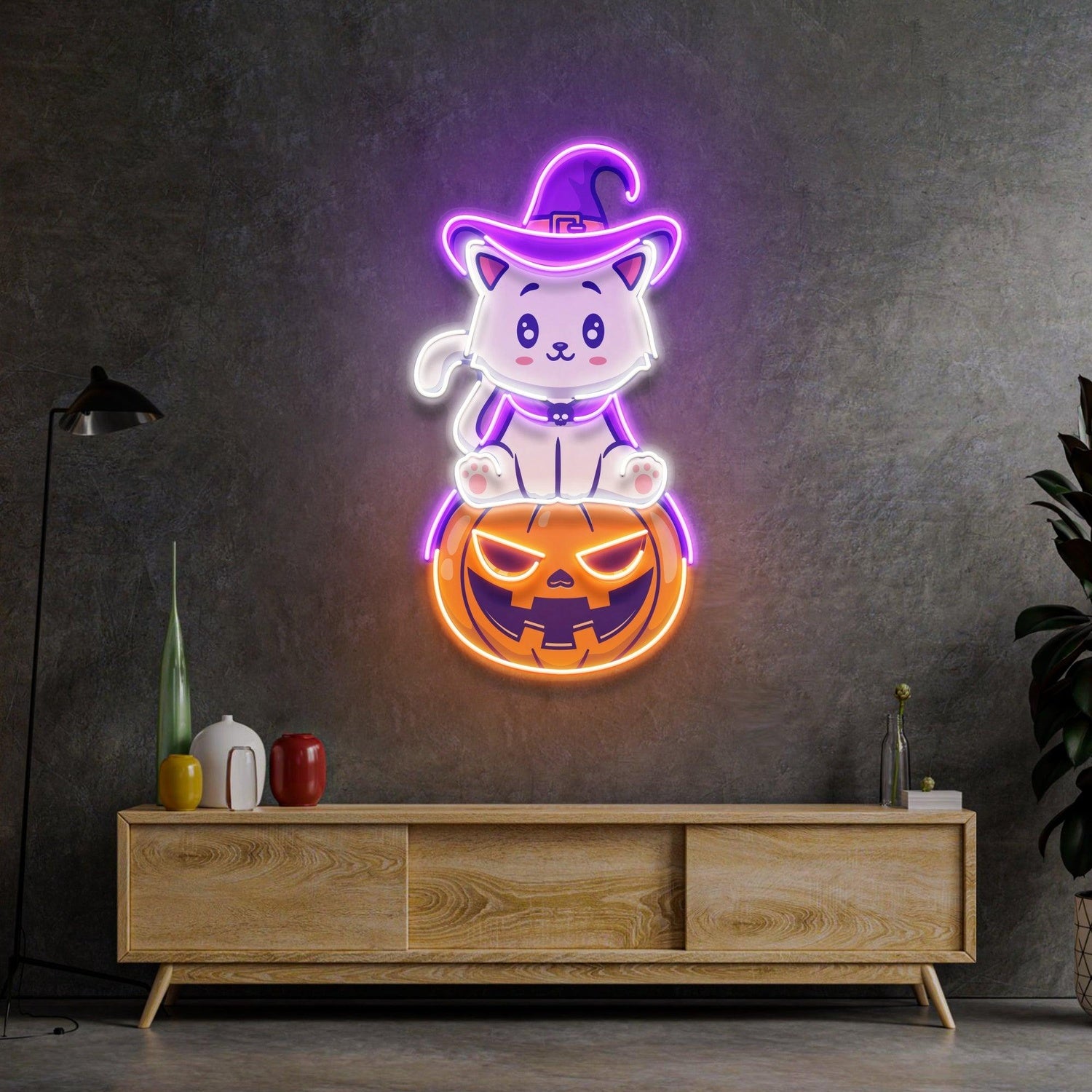 Cute Cartoon Cat On Pumpkin Halloween Uv Printed Led Neon Sign | Shineneon