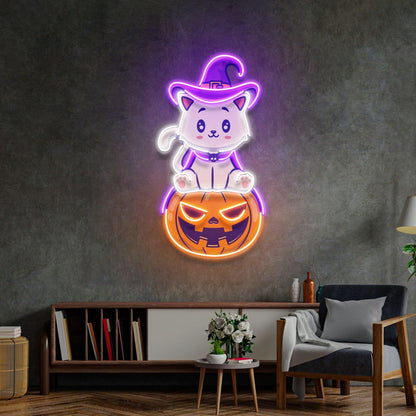 Cute Cartoon Cat On Pumpkin Halloween Uv Printed Led Neon Sign | Shineneon