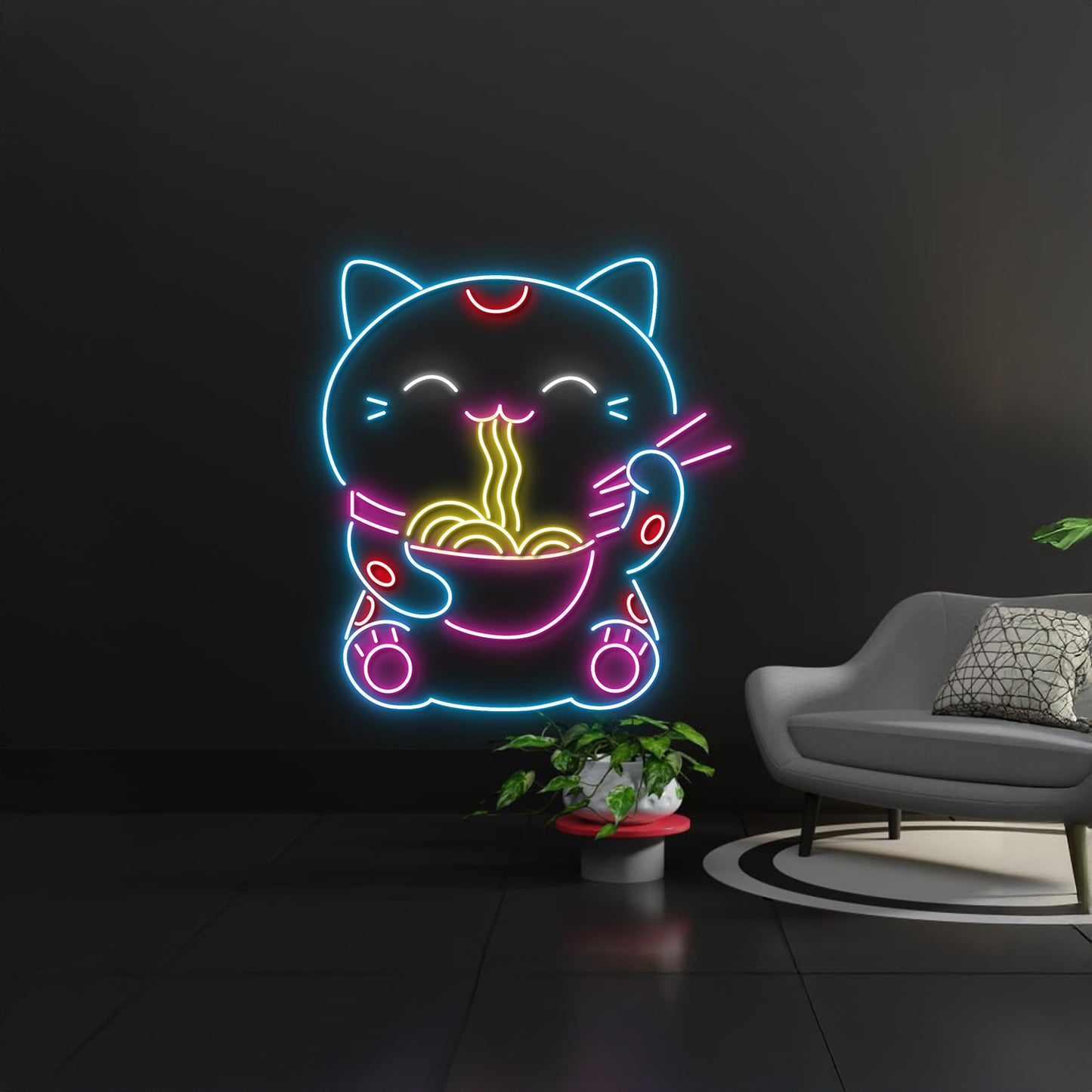 Cute Cat Eating Noodles Led Sign