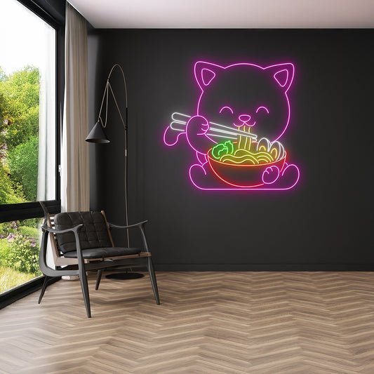 Cute Cat Eating Ramen Neon Sign