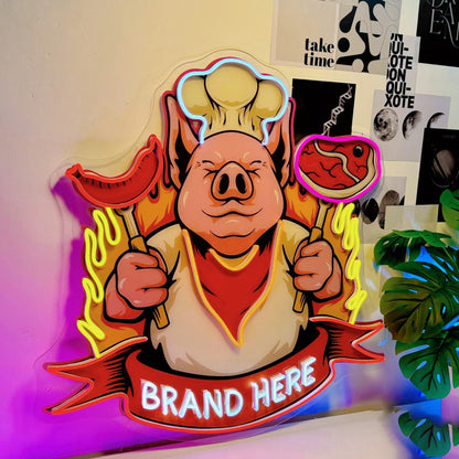 Cute Chef Pig Delicious Barbeque Meat Acrylic Led Neon Sign | Shineneon