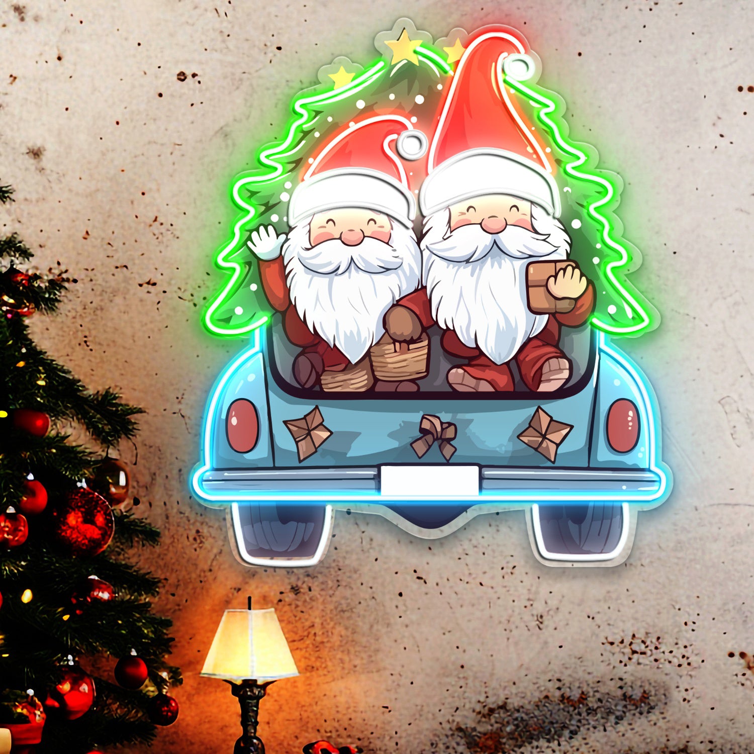 Cute Christmas Gnomes In Truck Acrylic Led Neon Sign | Shineneon