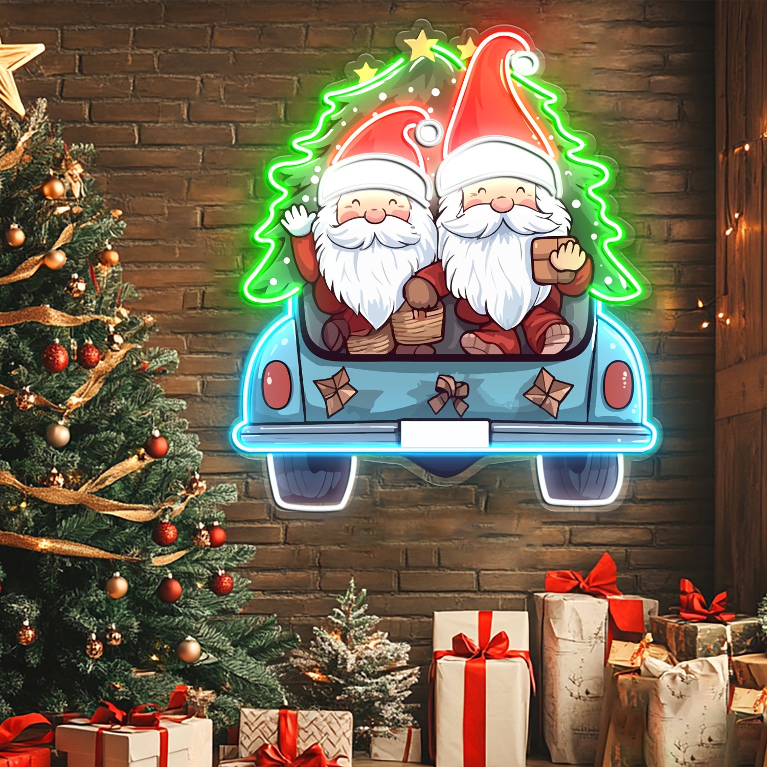 Cute Christmas Gnomes In Truck Acrylic Led Neon Sign | Shineneon