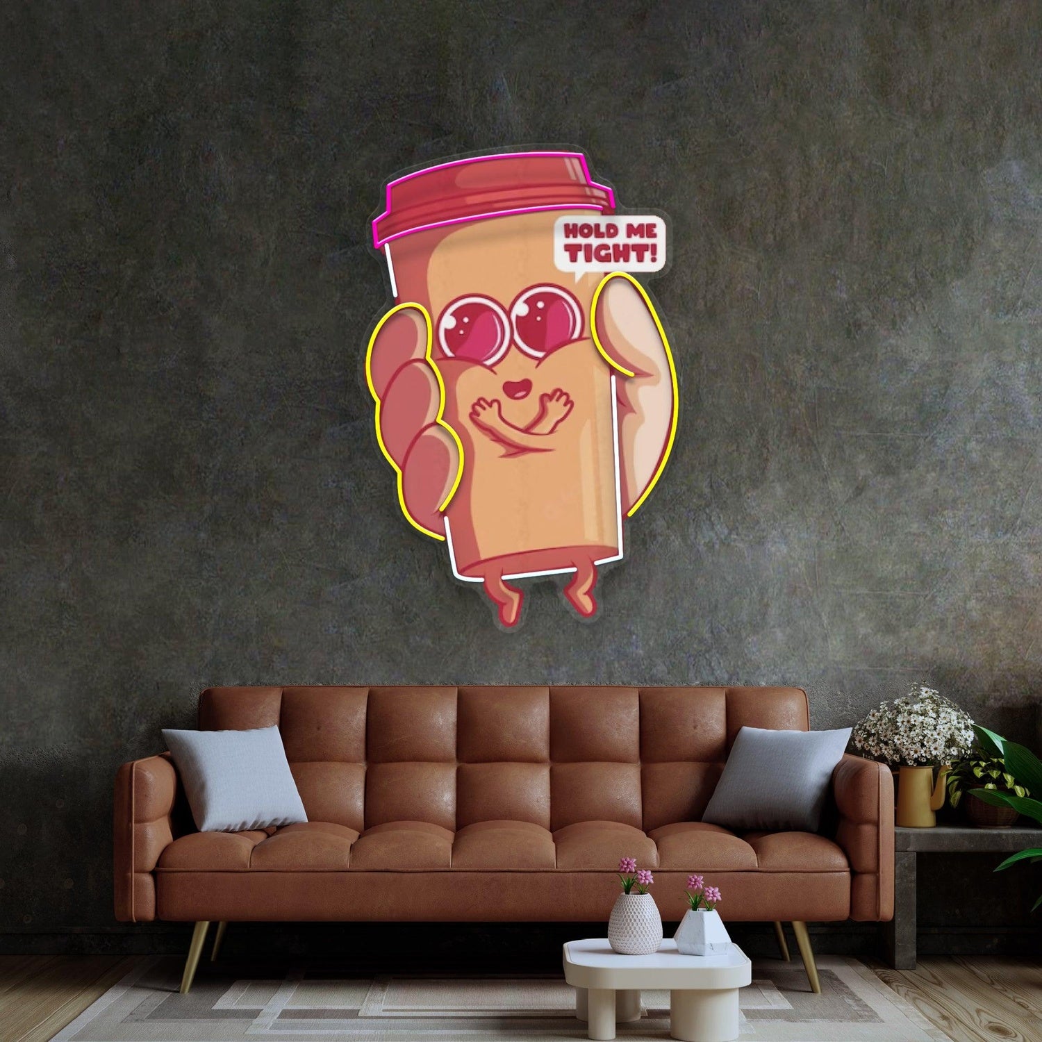 Cute Coffee Cup Hold Me Tight Uv Printed Led Neon Sign Cartoon Home Decor | Shineneon