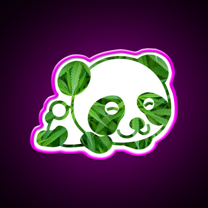 Cute Funny Panda Panda Hemp Inspired Green Leaf Led Neon Sign Rgb Color - Neon sign mounted on wall in room