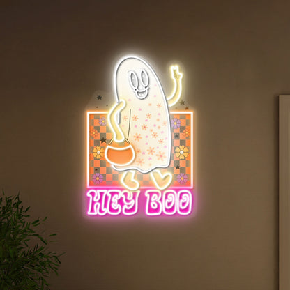 Cute Ghost Hey Boo Halloween Acrylic Led Neon Sign | Shineneon