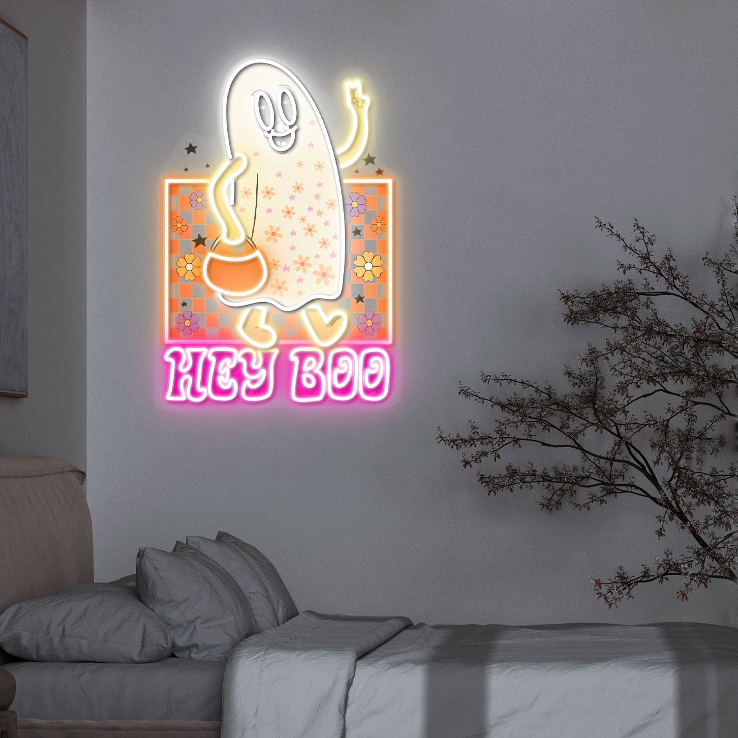 Cute Ghost Hey Boo Halloween Acrylic Led Neon Sign | Shineneon