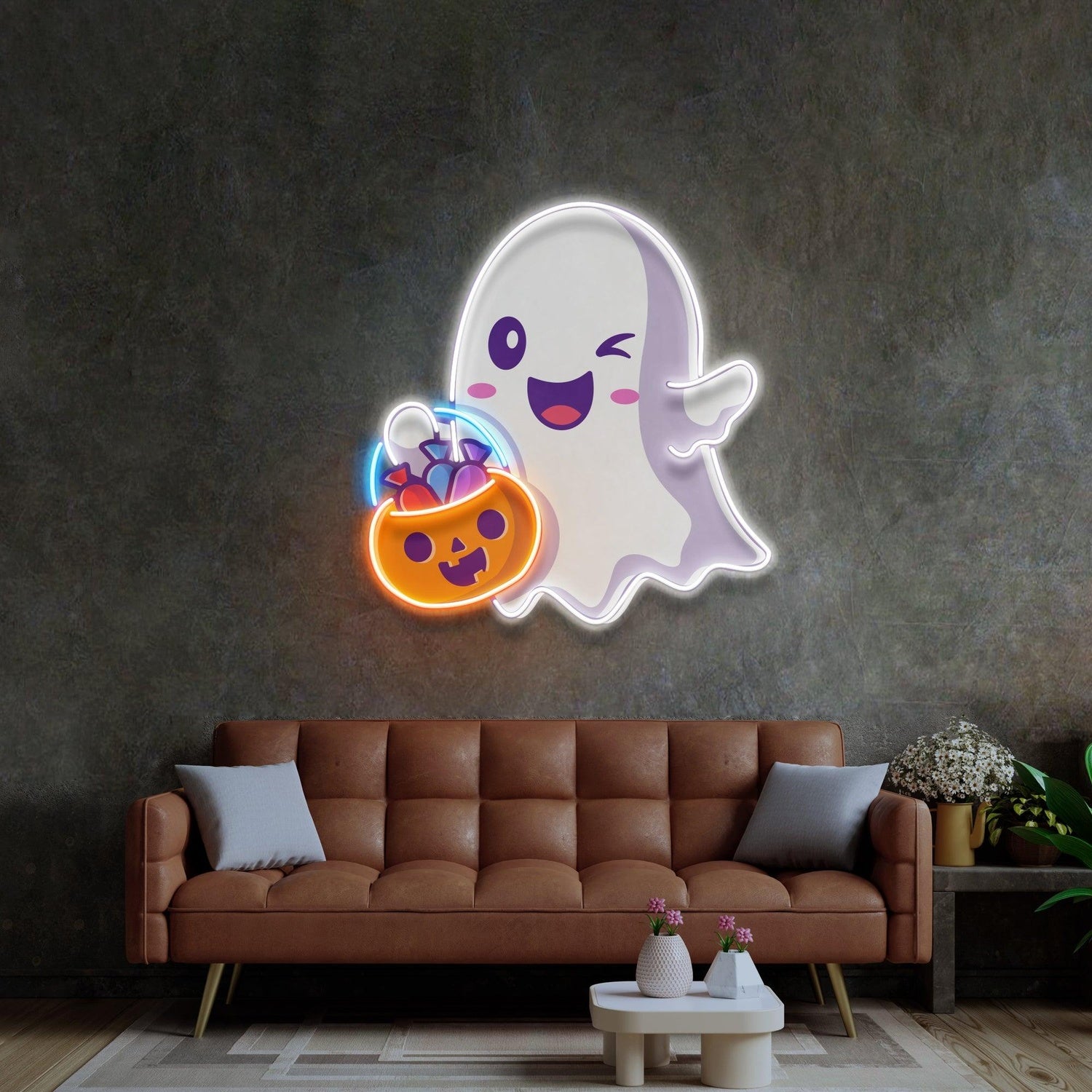 Cute Ghostface Giving Treats Purple Orange Uv Printed Led Neon Sign Halloween Decor | Shineneon