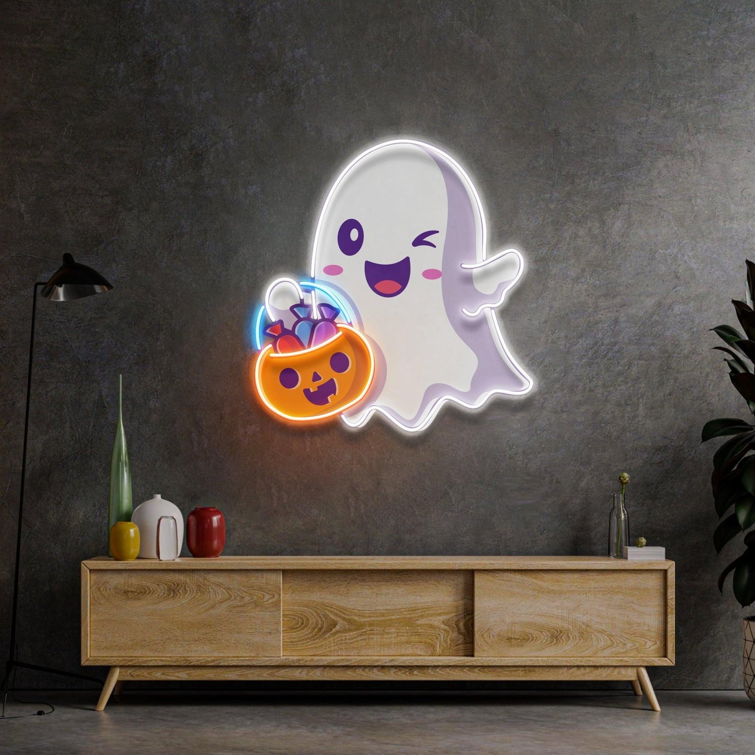 Cute Ghostface Giving Treats Purple Orange Uv Printed Led Neon Sign Halloween Decor | Shineneon