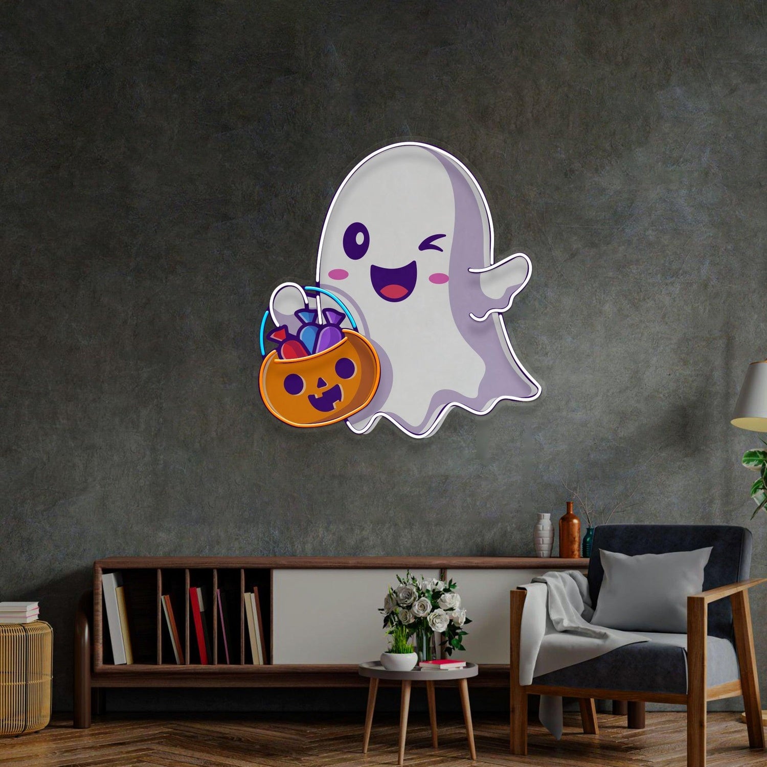 Cute Ghostface Giving Treats Purple Orange Uv Printed Led Neon Sign Halloween Decor | Shineneon