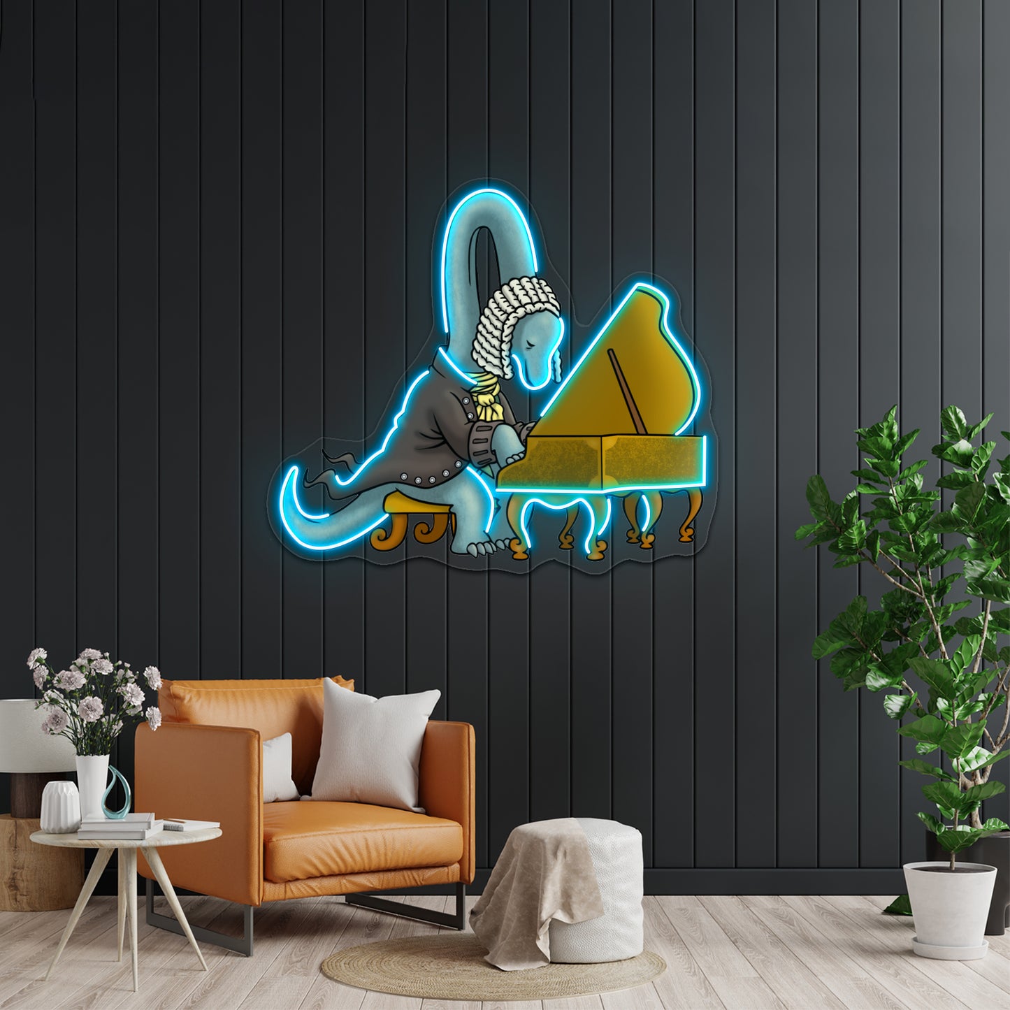 Cute Musician Dinosaur Playing Piano Artwork Led Neon Sign