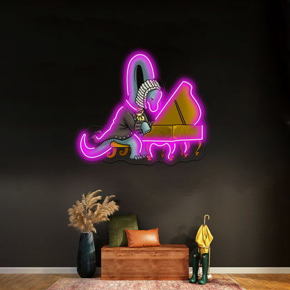 Cute Musician Dinosaur Playing Piano Artwork Led Neon Sign